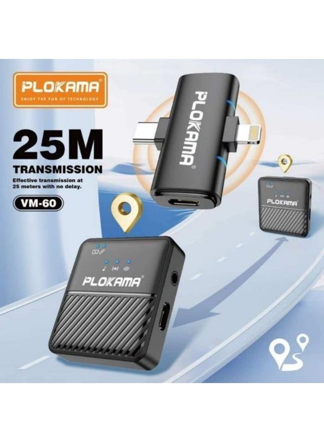 PLOKAMA VM60 Mic Wireless Clip on Microphone Lavalier HP Plug & Play Dual Mic Type C & Lightning - Multicolor - Image 2